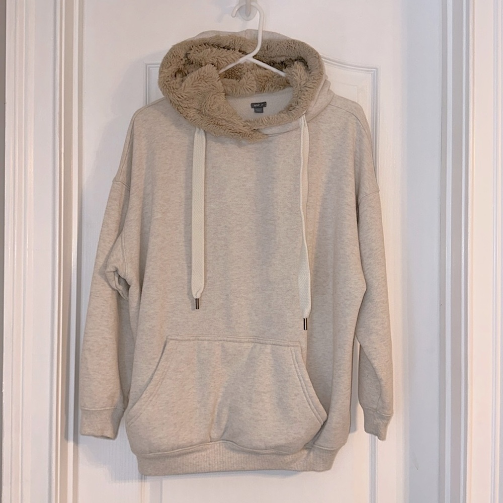 AERIE Women's Sweatshirt Drawstring Oversized Long Hoodie Faux Fur Small